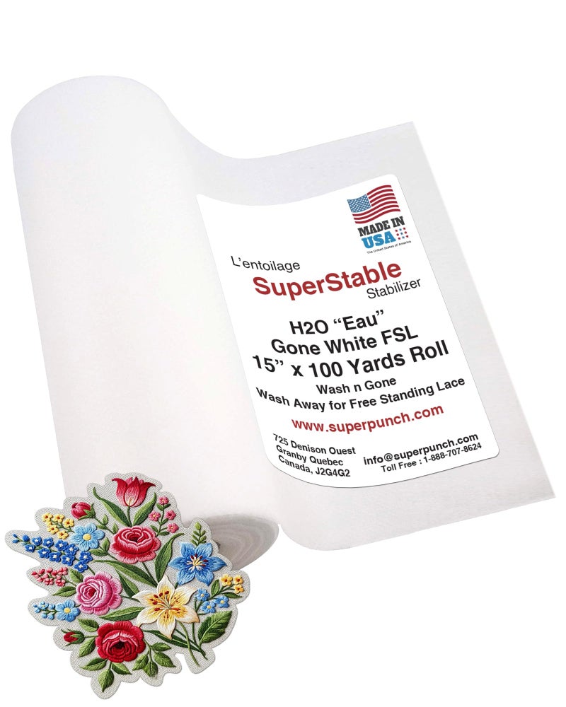 Superpunch Wash Away Stabilizer, SuperStable H2O "Eau" Gone White FSL 15 inch x 100 Yard Roll - Machine Embroidery Stabilizer Backing, Wash n Gone Wash Away for Free Standing Lace, Made in USA - Image 1